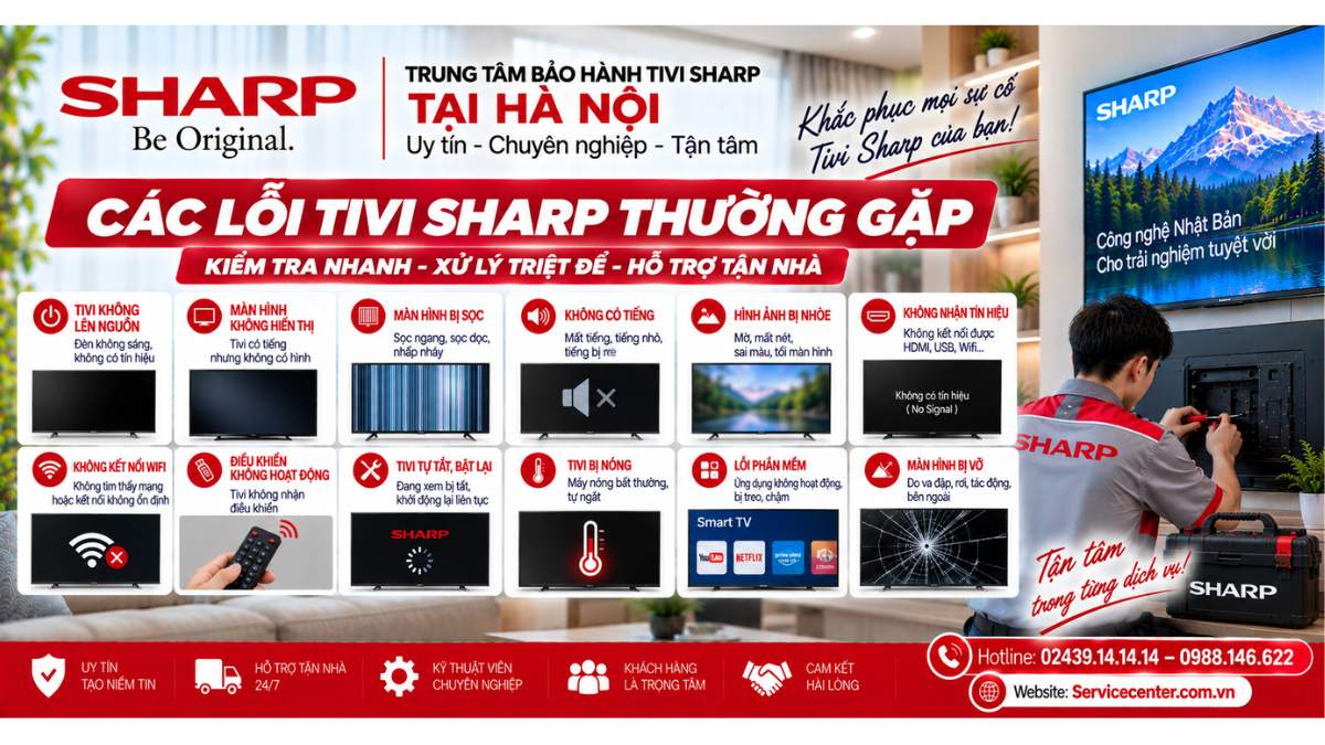 Các lỗi Tivi Sharp thường gặp Website: Servicecenter.com.vn 📞 Hotline: 02439.14.14.14 – 0988.146.622 – Hỗ Trợ Tận Nhà 24/7