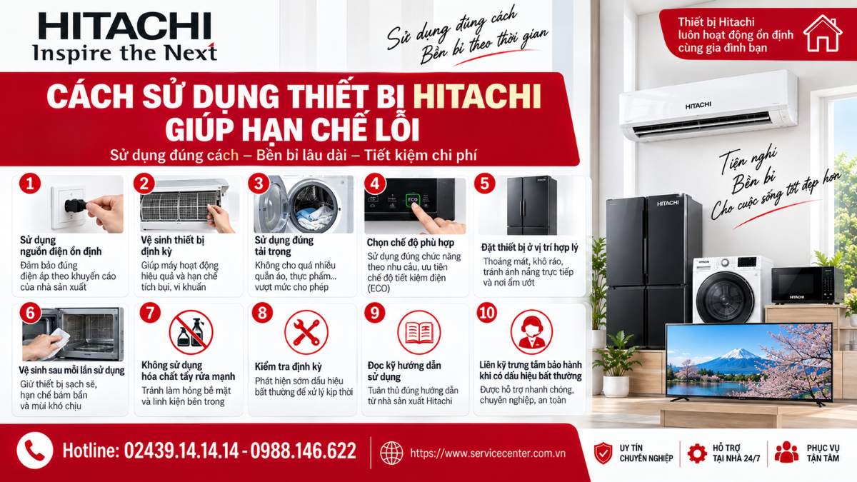 Cách sử dụng thiết bị Hitachi giúp hạn chế lỗi https://www.servicecenter.com.vn Hotline: 02439.14.14.14 - 0988.146.622 Uy Tín – Hỗ Trợ Tại Nhà 24/7