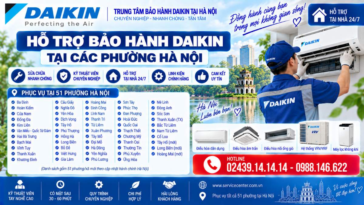 Hỗ trợ bảo hành Daikin tại các phường Hà Nội https://www.servicecenter.com.vn Hotline: 02439.14.14.14 - 0988.146.622 Uy Tín – Hỗ Trợ Tại Nhà 24/7