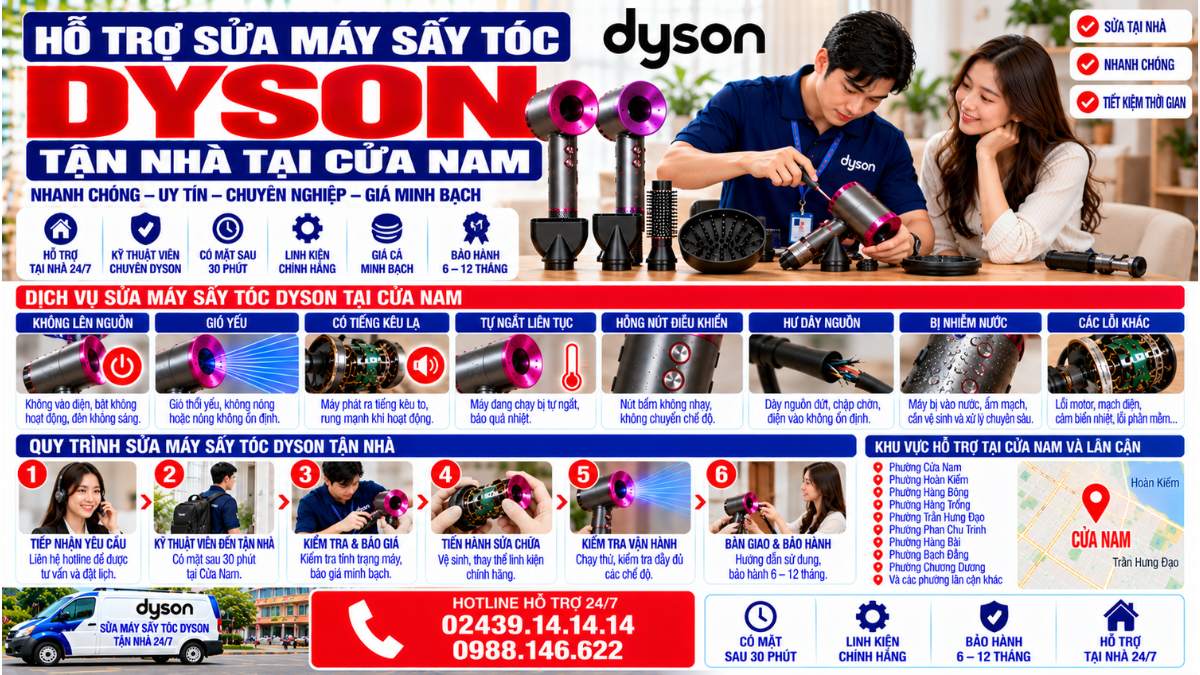 Hỗ trợ sửa máy sấy tóc Dyson tận nhà tại Cửa Nam Website: Servicecenter.com.vn 📞 Hotline: 02439.14.14.14 – 0988.146.622 – Hỗ Trợ Tại Nhà 24/7