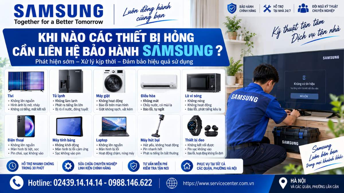 Khi nào các thiết bị hỏng cần liên hệ bảo hành Samsung https://www.servicecenter.com.vn Hotline: 02439.14.14.14 - 0988.146.622 Uy Tín – Hỗ Trợ Tại Nhà 24/7
