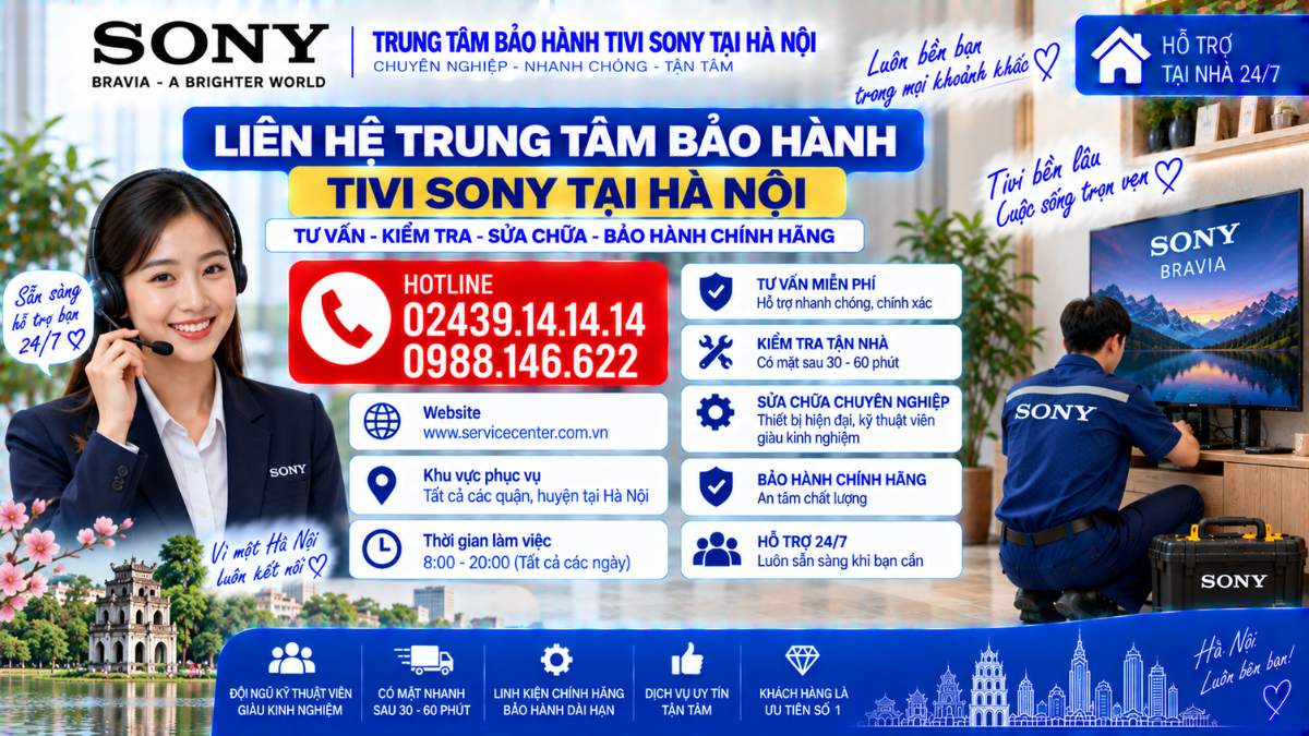 Liên hệ Trung Tâm Bảo Hành Tivi Sony Tại Hà Nội https://www.servicecenter.com.vn Hotline: 02439.14.14.14 - 0988.146.622 Uy Tín – Hỗ Trợ Tại Nhà 24/7