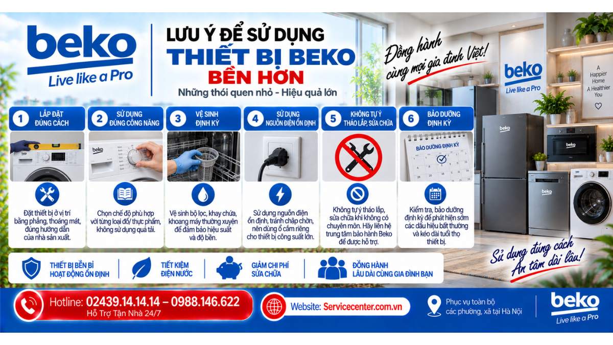 Lưu ý để sử dụng thiết bị Beko bền hơn Website: Servicecenter.com.vn 📞 Hotline: 02439.14.14.14 – 0988.146.622 – Hỗ Trợ Tận Nhà 24/7