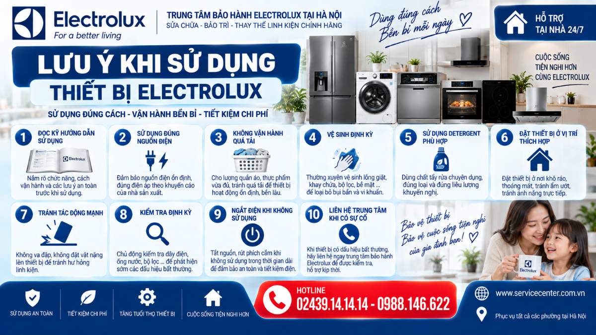 Lưu ý khi sử dụng thiết bị Electrolux https://www.servicecenter.com.vn Hotline: 02439.14.14.14 - 0988.146.622 Uy Tín – Hỗ Trợ Tại Nhà 24/7