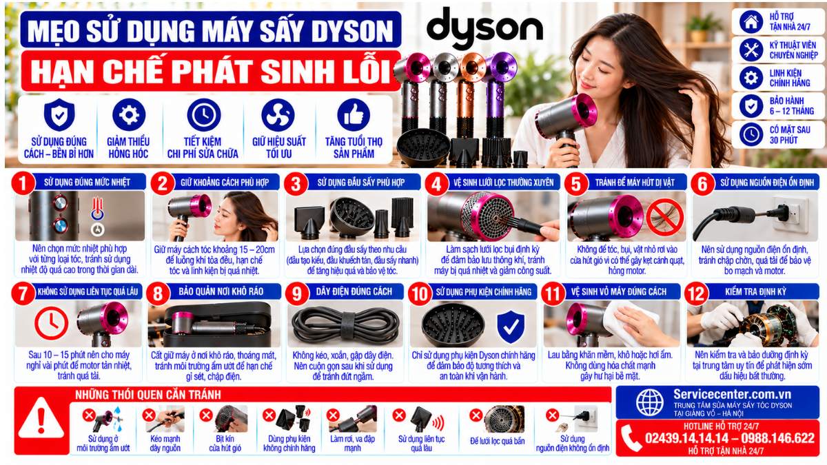 Mẹo sử dụng máy sấy Dyson hạn chế phát sinh lỗi Website: Servicecenter.com.vn 📞 Hotline: 02439.14.14.14 – 0988.146.622 – Hỗ Trợ Tại Nhà 24/7