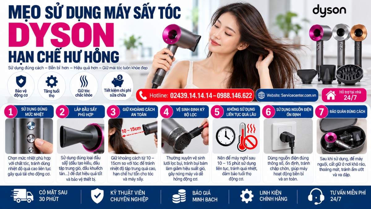 Mẹo sử dụng máy sấy tóc Dyson hạn chế hư hỏng Website: Servicecenter.com.vn 📞 Hotline: 02439.14.14.14 – 0988.146.622 – Hỗ Trợ Tại Nhà 24/7