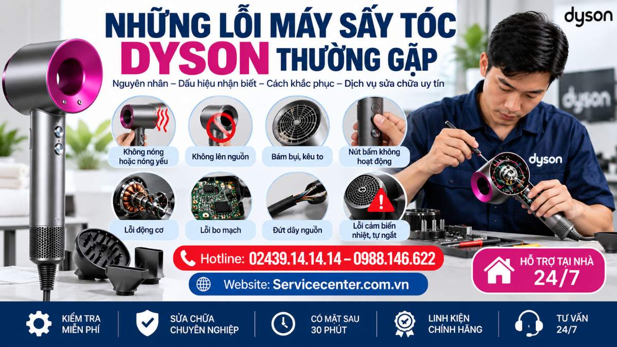 Những lỗi máy sấy tóc Dyson thường gặp Website: Servicecenter.com.vn 📞 Hotline: 02439.14.14.14 – 0988.146.622 – Hỗ Trợ Tại Nhà 24/7