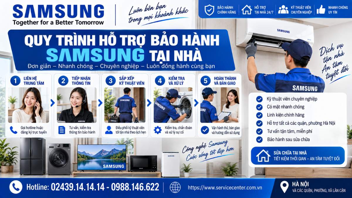 Quy trình hỗ trợ bảo hành Samsung tại nhà https://www.servicecenter.com.vn Hotline: 02439.14.14.14 - 0988.146.622 Uy Tín – Hỗ Trợ Tại Nhà 24/7