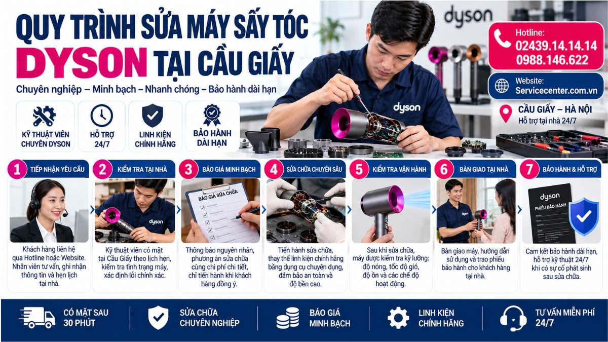 Quy trình sửa máy sấy tóc Dyson tại Cầu Giấy Website: Servicecenter.com.vn 📞 Hotline: 02439.14.14.14 – 0988.146.622 – Hỗ Trợ Tại Nhà 24/7