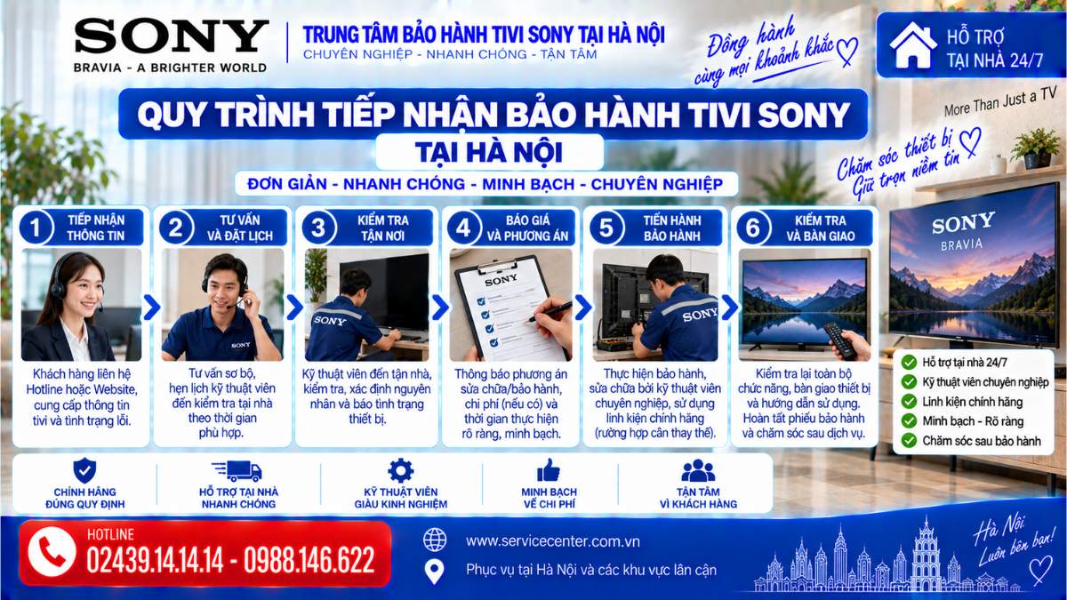 Quy trình tiếp nhận bảo hành tivi Sony tại Hà Nội https://www.servicecenter.com.vn Hotline: 02439.14.14.14 - 0988.146.622 Uy Tín – Hỗ Trợ Tại Nhà 24/7