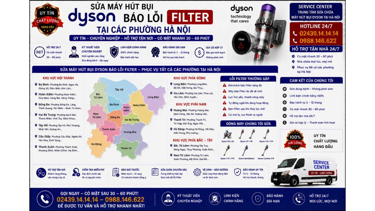 Sửa máy hút bụi Dyson báo lỗi Filter tại các phường Hà Nội https://www.servicecenter.com.vn Hotline: 02439.14.14.14 - 0988.146.622 Uy Tín